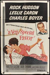 8t942 VERY SPECIAL FAVOR 1sh '65 Charles Boyer, Rock Hudson tries to unwind sexy Leslie Caron!