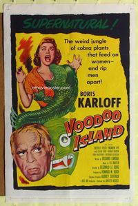 8t949 VOODOO ISLAND 1sh '57 Boris Karloff, art of woman-eating cobra plant attacking girl!