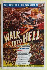 8t951 WALK INTO HELL 1sh '57 great artwork of snake attacking sexy girl in the jungle!