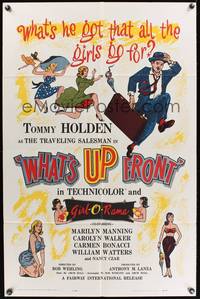 8t967 WHAT'S UP FRONT 1sh '64 Tommy Holden as bra salesman, wacky & sexy artwork!