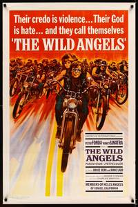 8t977 WILD ANGELS 1sh '66 classic image of biker Peter Fonda & sexy Nancy Sinatra on motorcycle!