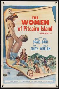 8t984 WOMEN OF PITCAIRN ISLAND 1sh '57 James Craig lifting sexy Lynn Bari, John Smith!