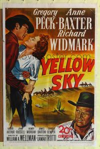 8t990 YELLOW SKY 1sh '48 romantic art of Gregory Peck & Anne Baxter, Richard Widmark!