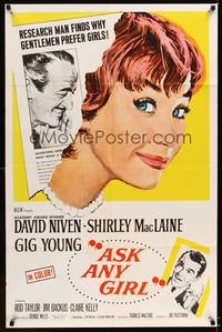 8w049 ASK ANY GIRL 1sh '59 David Niven finds why gentlemen prefer Shirley MacLaine!