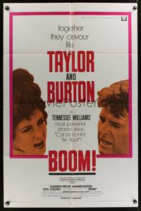 8w091 BOOM 1sh '68 Elizabeth Taylor & Richard Burton, Tennessee Williams drama!