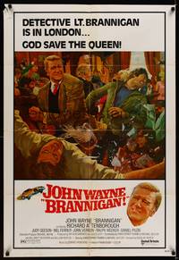 8w098 BRANNIGAN 1sh '75 Douglas Hickox, great art of fighting John Wayne in England!