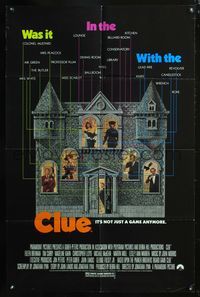 8w154 CLUE 1sh '85 Madeline Kahn, Tim Curry, Christopher Lloyd, cool board game poster design!