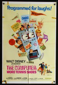 8w162 COMPUTER WORE TENNIS SHOES 1sh '69 Walt Disney, art of young Kurt Russell & wacky machine!