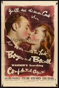 8w166 CONFIDENTIAL AGENT 1sh '45 romantic close-up of Charles Boyer about to kiss Lauren Bacall!