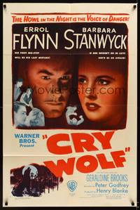 8w173 CRY WOLF 1sh '47 cool close image of Errol Flynn & Barbara Stanwyck!