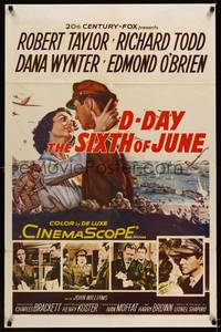 8w178 D-DAY THE SIXTH OF JUNE 1sh '56 romantic art of Robert Taylor & sexy Dana Wynter in WWII!