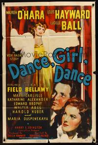 8w180 DANCE, GIRL, DANCE 1sh '40 art of Lucille Ball in fur coat + Louis Hayward & Maureen O'Hara!