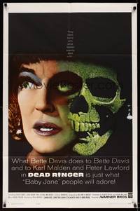 8w186 DEAD RINGER 1sh '64 creepy close up of skull & Bette Davis, who kills her own twin!
