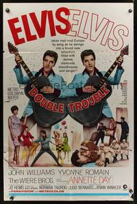 8w212 DOUBLE TROUBLE 1sh '67 cool mirror image of rockin' Elvis Presley playing guitar!