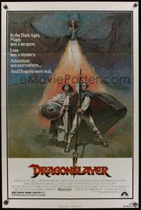 8w217 DRAGONSLAYER 1sh '81 cool Jeff Jones fantasy artwork of Peter MacNicol w/spear, dragon!