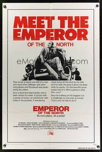 8w234 EMPEROR OF THE NORTH POLE 1sh '73 cool image of hobo Lee Marvin sitting on trash throne!