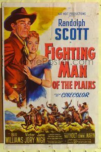 8w260 FIGHTING MAN OF THE PLAINS 1sh '49 Randolph Scott reaching for gun & holding Jane Nigh!