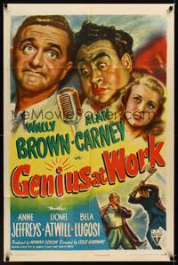 8w299 GENIUS AT WORK style A 1sh '46 great art of Bela Lugosi with axe, Brown & Carney are sleuths!
