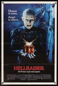 8w357 HELLRAISER 1sh '87 Clive Barker horror, great image of Pinhead, he'll tear your soul apart!
