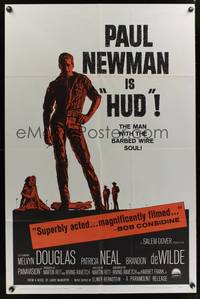 8w392 HUD 1sh '63 Paul Newman is the man with the barbed wire soul, Martin Ritt classic!