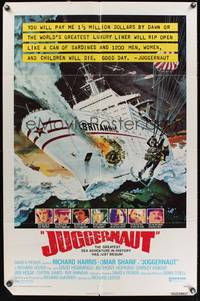 8w443 JUGGERNAUT 1sh '74 Richard Harris, art of ocean liner under attack by Bob McCall!