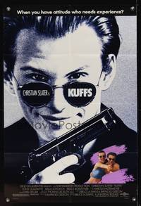 8w465 KUFFS DS 1sh '92 Christian Slater in shades w/gun, sexy Milla Jovovich!