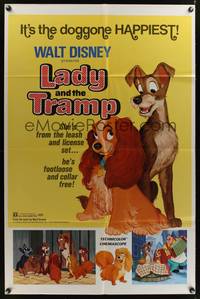 8w467 LADY & THE TRAMP 1sh R72 Walt Disney romantic canine dog classic cartoon!