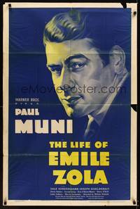 8w483 LIFE OF EMILE ZOLA 1sh '37 William Dieterle directed, close-up artwork of Paul Muni!