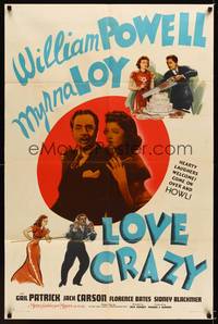 8w496 LOVE CRAZY style D 1sh '41 wacky artwork of William Powell & Myrna Loy!