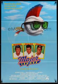 8w509 MAJOR LEAGUE 1sh '89 Charlie Sheen, Tom Berenger, wacky art of baseball with mohawk!