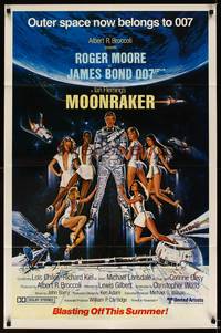 8w549 MOONRAKER advance 1sh '79 art of Roger Moore as James Bond & sexy babes in space by Gouzee!