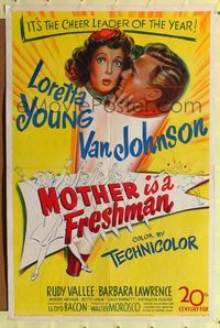 8w550 MOTHER IS A FRESHMAN 1sh '49 art of Loretta Young & Van Johnson, cheer leader of the year!