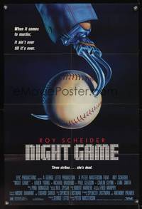 8w576 NIGHT GAME 1sh '89 Roy Schneider, Karen Young, wild art of hook hand & baseball!