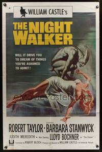 8w582 NIGHT WALKER 1sh '65 William Castle, Robert Taylor, Barbara Stanwyck, Reynold Brown art!