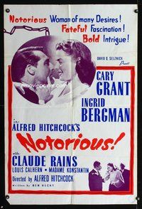 8w598 NOTORIOUS 1sh R60s Cary Grant, Ingrid Bergman, fateful fascination, bold intrigue!