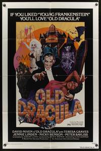 8w611 OLD DRACULA 1sh '75 Vampira, David Niven as Dracula, Clive Donner, wacky horror art!