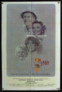8w619 ON GOLDEN POND 1sh '81 art of Katharine Hepburn, Henry Fonda, and Jane Fonda by C.D. de Mar!
