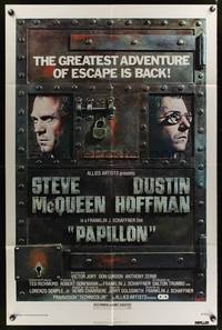 8w634 PAPILLON 1sh R77 different art of prisoners Steve McQueen & Dustin Hoffman!
