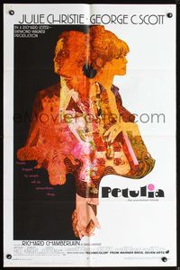 8w643 PETULIA 1sh '68 cool artwork of pretty Julie Christie & George C. Scott!