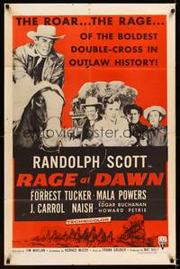 8w668 RAGE AT DAWN 1sh R57 cool image of outlaw hunter Randolph Scott on horseback!