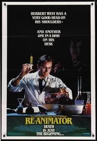 8w675 RE-ANIMATOR 1sh '85 great image of mad scientist with severed head in bowl!