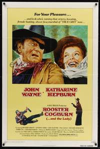 8w700 ROOSTER COGBURN 1sh '75 great art of John Wayne with eyepatch & Katharine Hepburn!