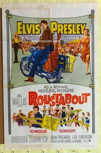 8w702 ROUSTABOUT 1sh '64 roving, restless, reckless Elvis Presley on motorcycle with guitar!