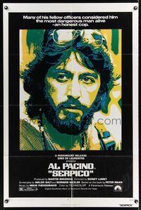 8w727 SERPICO 1sh '74 cool close up image of Al Pacino, Sidney Lumet crime classic!
