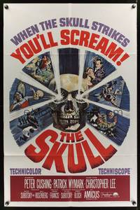8w754 SKULL 1sh '65 Peter Cushing, Christopher Lee, cool horror artwork of creepy skull!