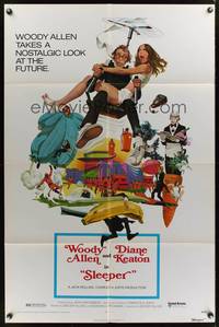 8w760 SLEEPER 1sh '74 Woody Allen, Diane Keaton, wacky futuristic sci-fi comedy art by McGinnis!