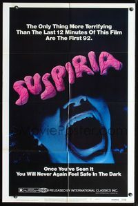 8w827 SUSPIRIA 1sh '77 classic Dario Argento horror, cool close up screaming mouth image!