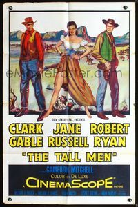 8w844 TALL MEN 1sh '55 full-length art of Clark Gable, sexy Jane Russell showing leg, Robert Ryan!