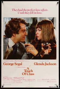 8w893 TOUCH OF CLASS signed 1sh '73 by Glenda Jackson, George Segal toasting Jackson with wine!