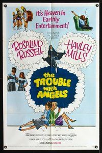 8w896 TROUBLE WITH ANGELS 1sh '66 Hayley Mills, Binnie Barnes, nun Rosalind Russell on bike!